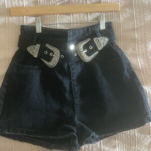Western Black Denim Shorts with silver buckle